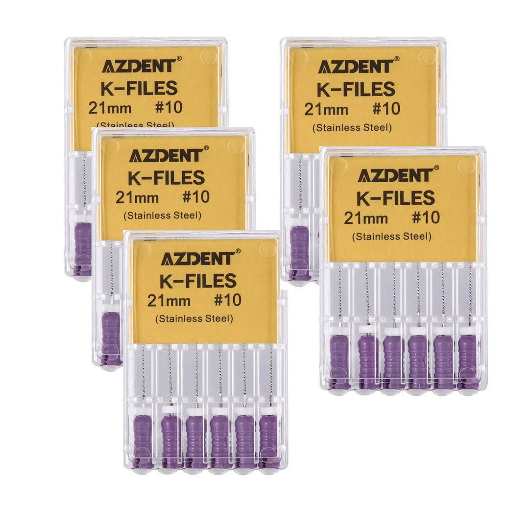 Dental Hand K-Files Stainless Steel Root Canal 21mm #10 6pcs/Box: Five clear plastic boxes containing AZDENT K-Files, 21mm length, size #10, made of stainless steel. Each box displays six silver dental files with purple handles visible through the packaging.