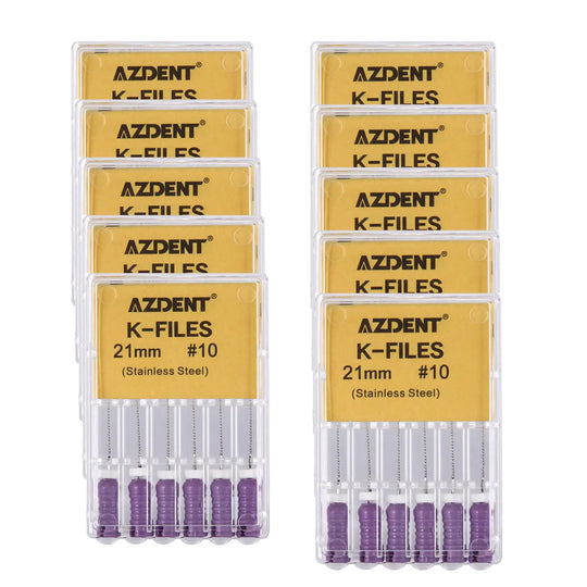 Dental Hand K-Files Stainless Steel Root Canal 21mm #10 6pcs/Box displayed in multiple transparent plastic packages with yellow labels showing AZDENT K-FILES branding and product details, arranged in two columns