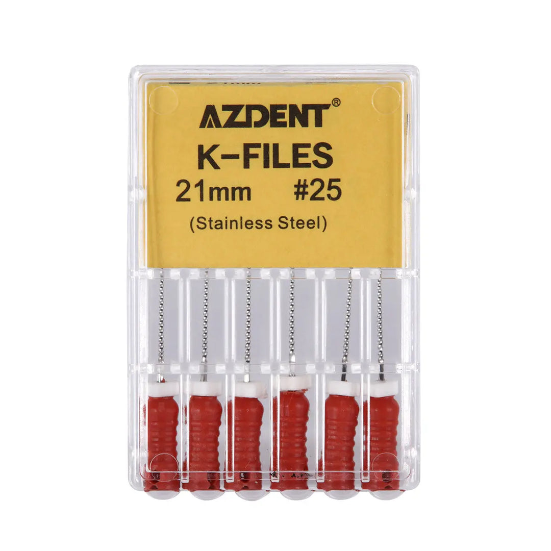 Dental Hand K-Files Stainless Steel Root Canal 21mm #25 6pcs/Box. AZDENT brand K-Files in clear plastic case. Six 21mm long #25 stainless steel files with red handles visible. Yellow label displays product details.