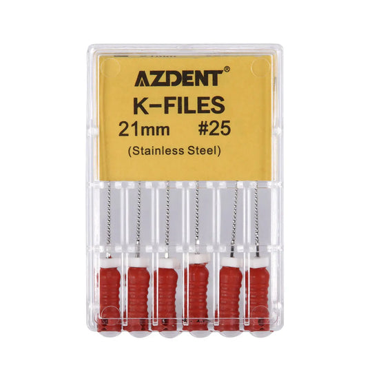 Dental Hand K-Files Stainless Steel Root Canal 21mm #25 6pcs/Box. AZDENT brand K-Files in clear plastic case. Six 21mm long #25 stainless steel files with red handles visible. Yellow label displays product details.