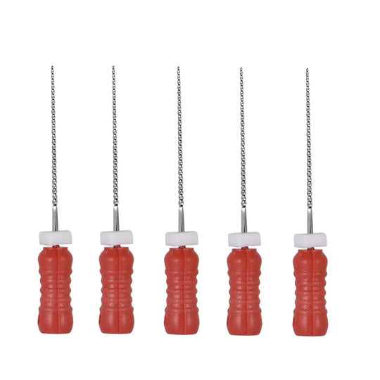 Dental Hand K-Files Stainless Steel Root Canal 21mm #25 6pcs/Box: Five red-handled dental K-files with stainless steel tips and white plastic washers, arranged in a row against a white background, showcasing dental instruments for root canal procedures.