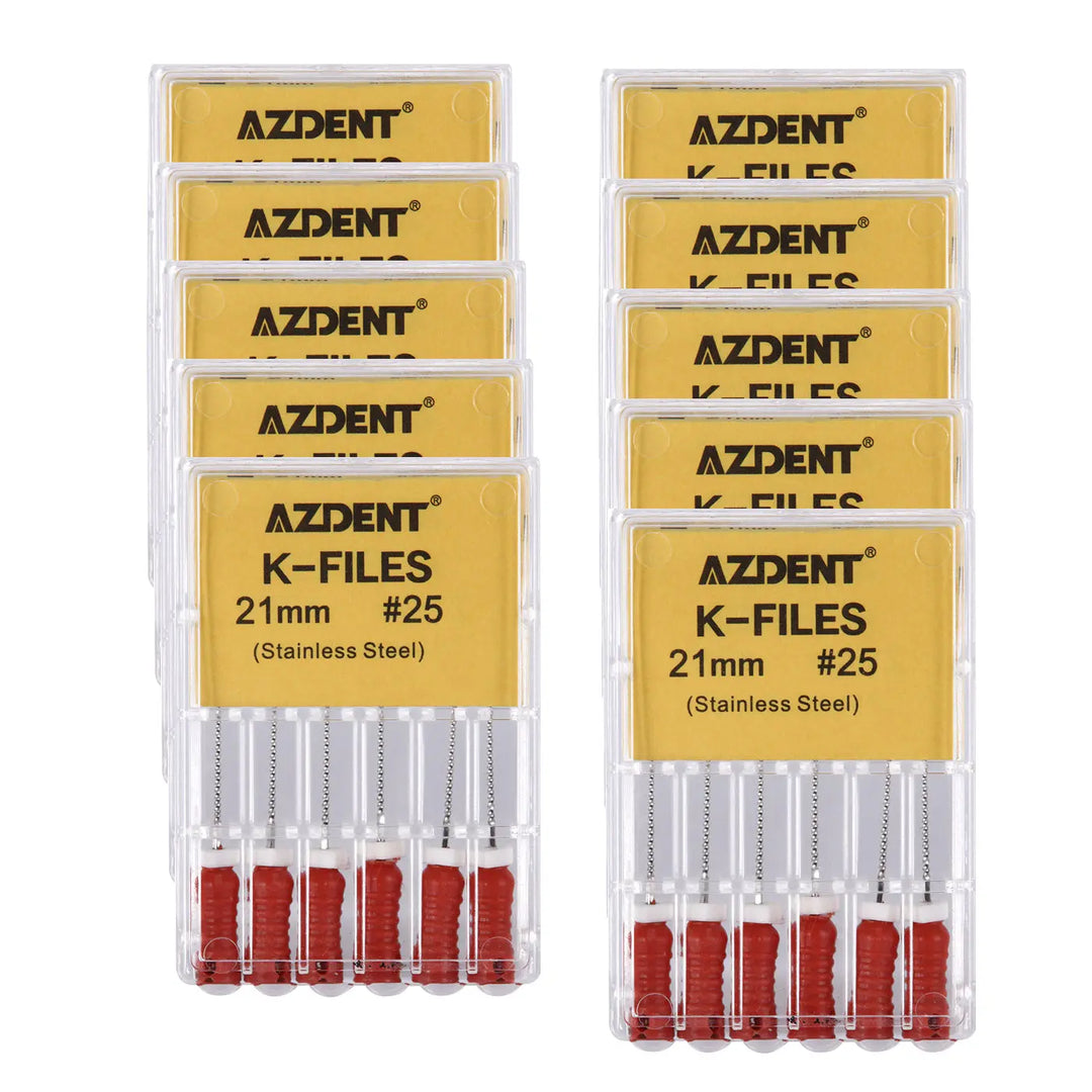 Dental Hand K-Files Stainless Steel Root Canal 21mm #25 6pcs/Box displayed in two clear plastic containers with yellow labels showing AZDENT brand, product details, and six visible metal files with red handles in each pack