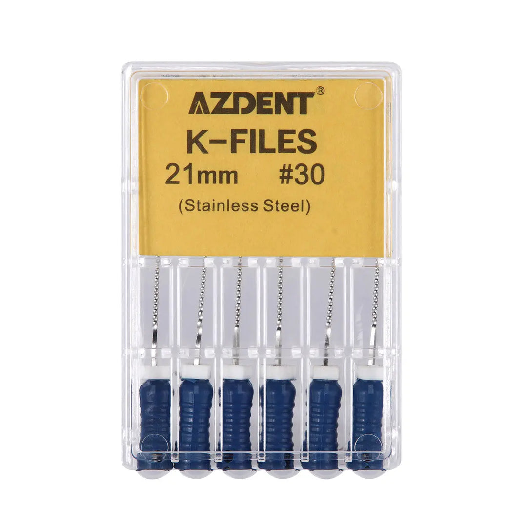 Dental Hand K-Files Stainless Steel Root Canal 21mm #30 6pcs/Box: AZDENT brand package of six 21mm #30 stainless steel K-files for dental root canal procedures, displayed in a clear plastic case with yellow product label and blue-handled instruments visible.