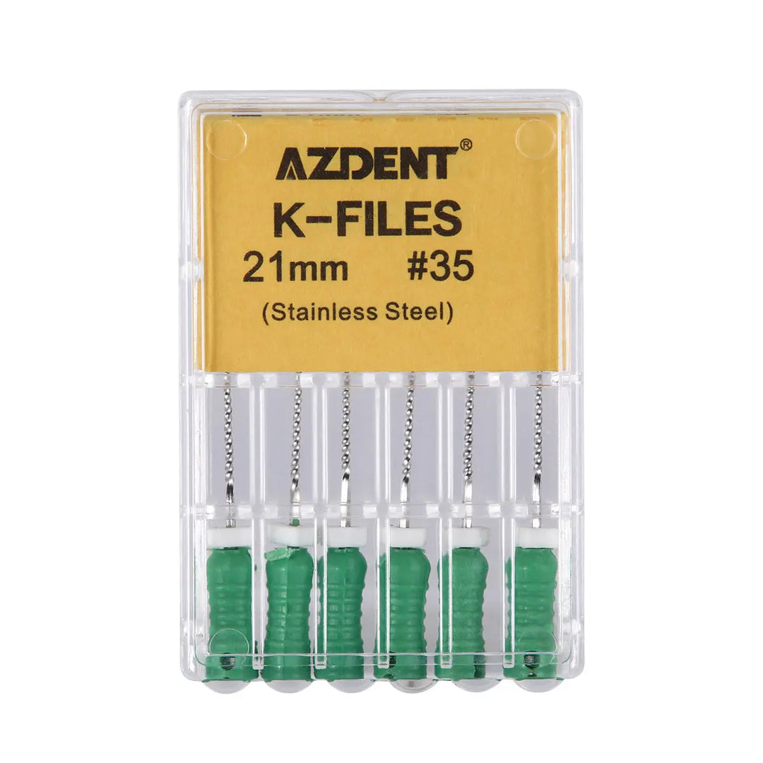 Dental Hand K-Files Stainless Steel Root Canal 21mm #35 6pcs/Box. Clear plastic container with yellow label displaying AZDENT K-FILES 21mm #35. Six stainless steel dental files with green handles visible in organized slots.