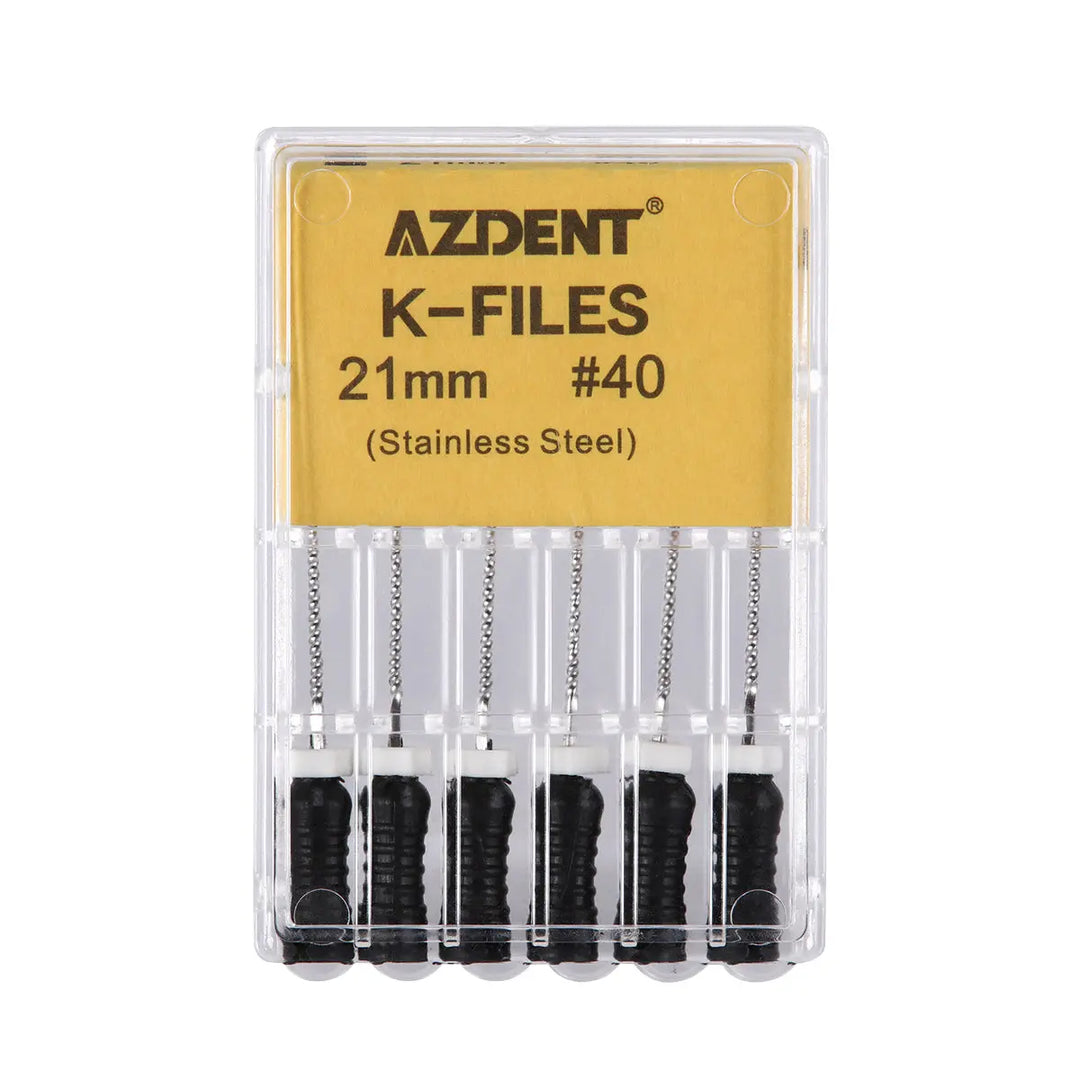 Dental Hand K-Files Stainless Steel Root Canal 21mm #40 6pcs/Box displayed in clear plastic packaging. AZDENT brand K-Files, 21mm length, size #40, made of stainless steel. Six files visible with black handles and silver shafts. Yellow label with product details.