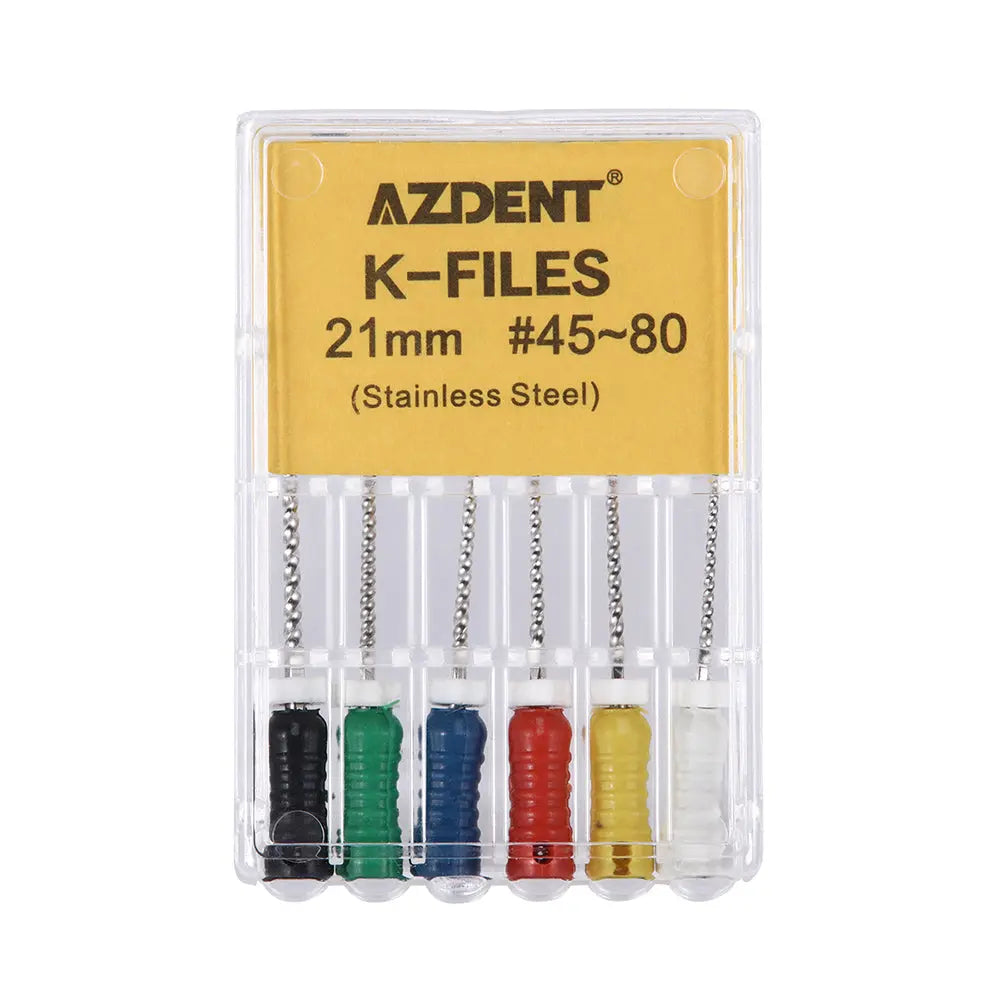 Dental Hand K-Files Stainless Steel Root Canal 21mm #45-80 Assorted 6Pcs/Box. AZDENT brand K-Files in clear plastic case with yellow label. Six color-coded files visible, ranging from sizes 45 to 80, for dental root canal procedures.