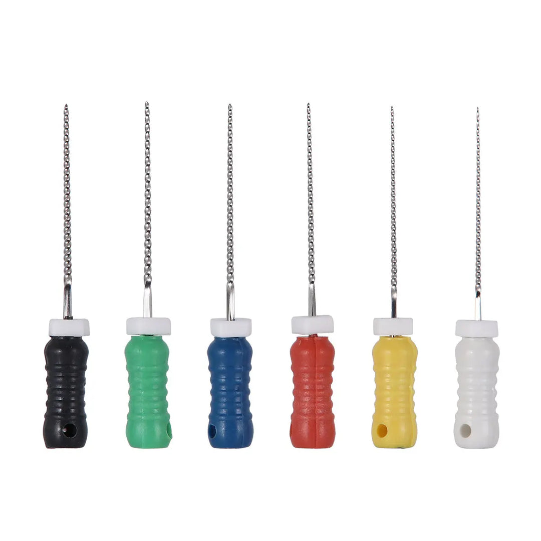 Dental Hand K-Files Stainless Steel Root Canal 21mm #15-40 Assorted 6Pcs/Box displayed in a row, featuring color-coded handles in black, green, blue, red, yellow, and white, with thin metal shafts extending from each handle for precise dental procedures