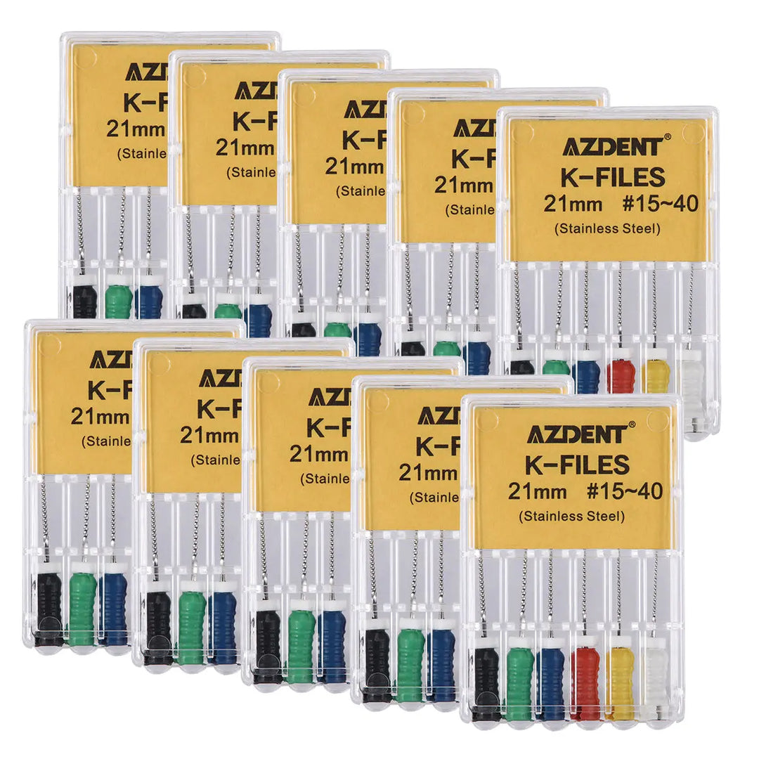 Dental Hand K-Files Stainless Steel Root Canal 21mm #15-40 Assorted 6Pcs/Box displayed in multiple clear plastic cases with yellow labels. Each case contains six color-coded files of varying sizes for dental procedures, showing product variety and packaging.