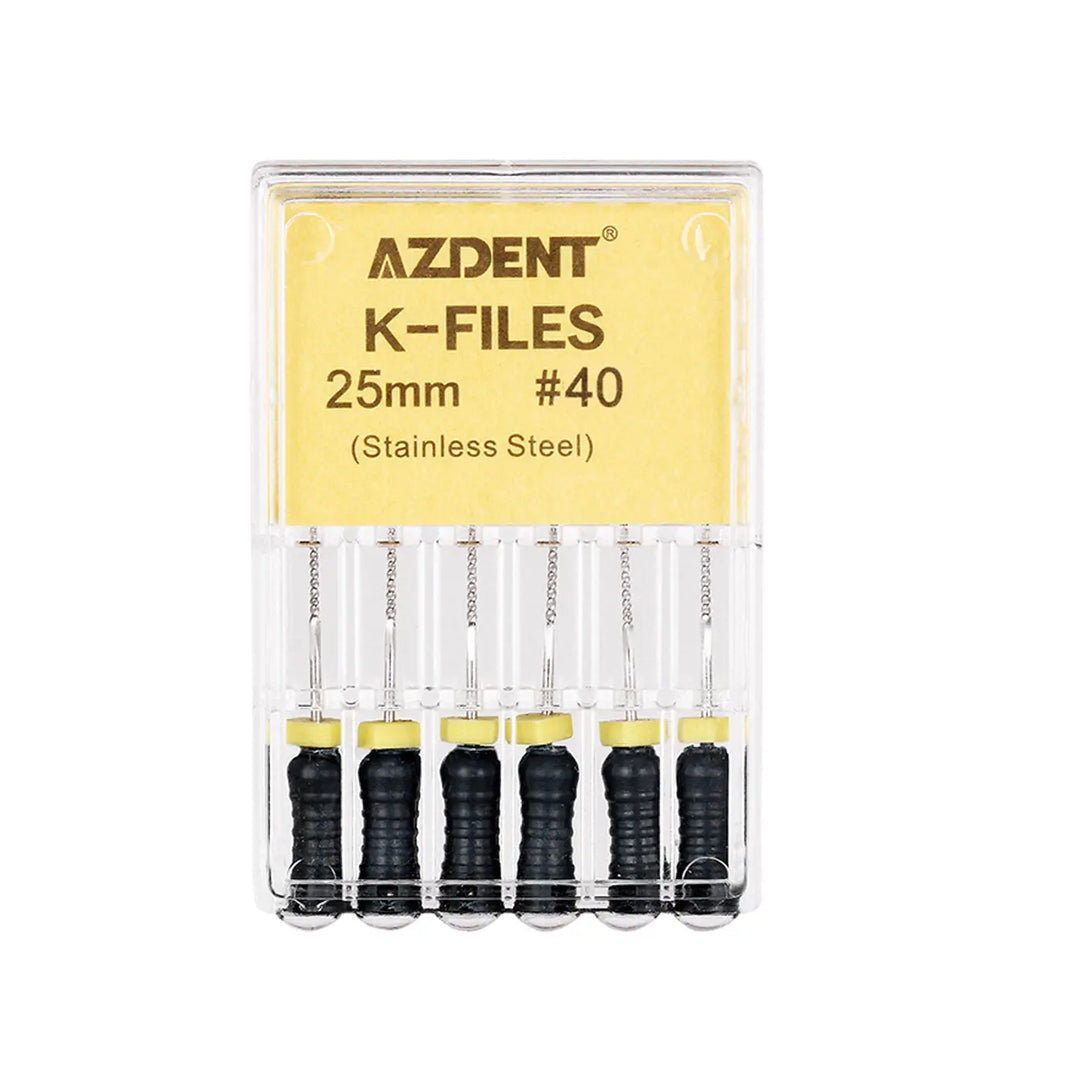 Dental Hand K-Files Stainless Steel 25mm #40 Black 6pcs/Box - AZDENT brand K-Files in clear plastic case, showing six black-handled 25mm stainless steel files with size #40 marking on yellow label