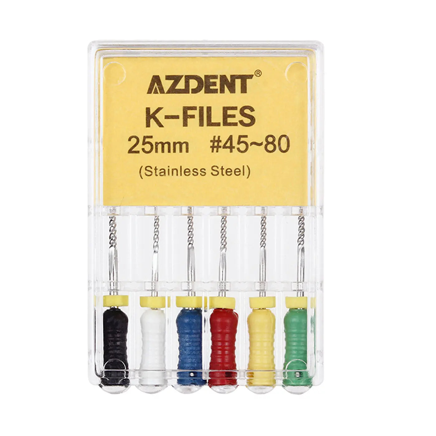 Dental Hand K-Files Stainless Steel 25mm #45-80 Assorted 6/Box displayed in clear plastic case with yellow label. Set of six color-coded files with varying sizes visible, showcasing product features and packaging for dental professionals.