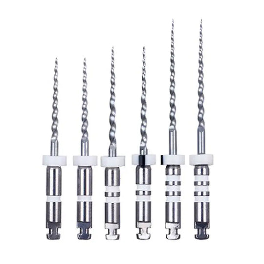 Dental Retreatment Rotary Engine Root Canal NiTi File D1-D3 6pcs/Box: Six silver spiral dental files of varying lengths with white and metal banded handles, arranged in ascending order on a white background. Specialized tools for root canal retreatment procedures.