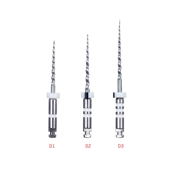 Dental Retreatment Rotary Engine Root Canal NiTi File D1-D3 6pcs/Box: Three specialized dental files with spiral grooves and varying lengths, labeled D1, D2, and D3, designed for precision root canal retreatment and removal of filling material.