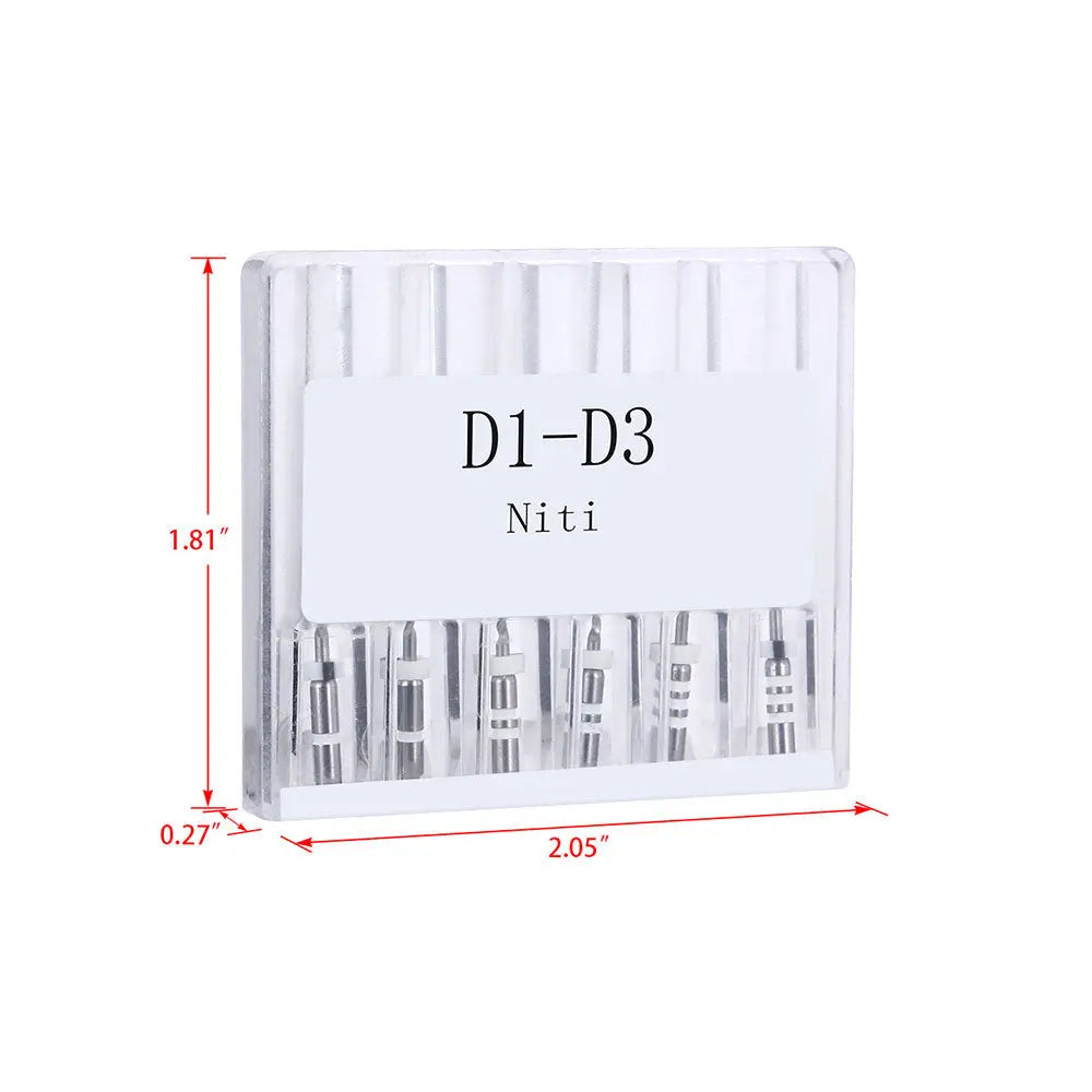 Dental Retreatment Rotary Engine Root Canal NiTi File D1-D3 6pcs/Box in clear packaging. Box displays product name and contains six visible metal files for dental procedures. Dimensions shown: 1.81" height, 2.05" width, 0.27" depth.