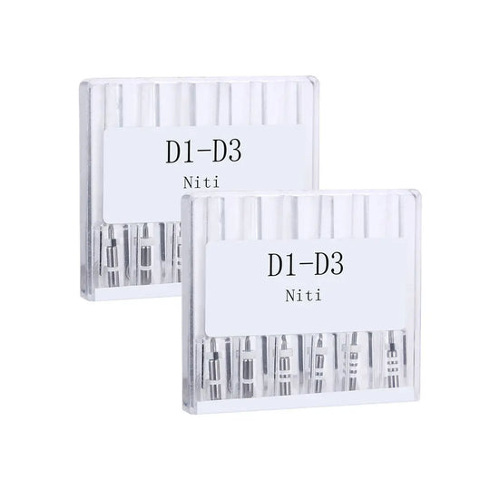 Two white plastic cases containing Dental Retreatment Rotary Engine Root Canal NiTi Files D1-D3, labeled with model numbers and NiTi material. Each case displays six visible metallic dental files for root canal procedures.