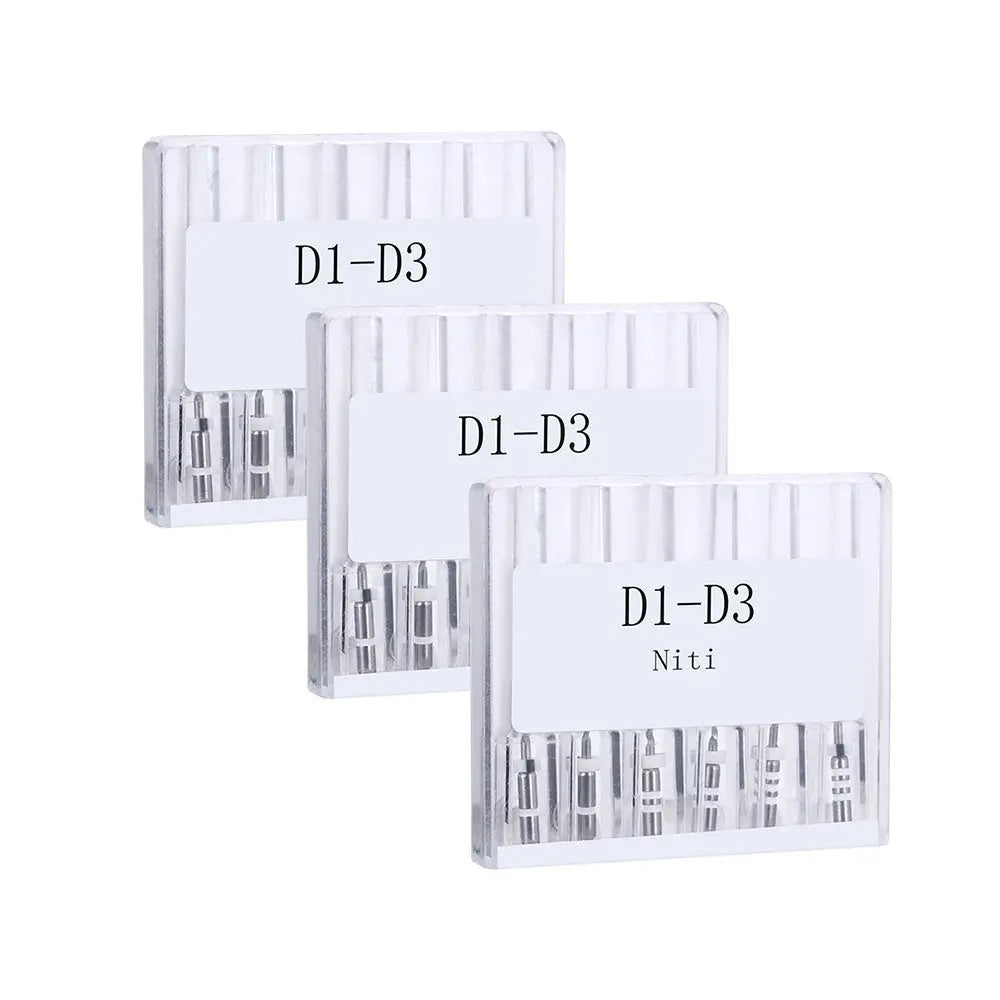 Dental Retreatment Rotary Engine Root Canal NiTi File D1-D3 6pcs/Box - Three transparent plastic cases containing silver dental files labeled D1-D3, used for root canal retreatment procedures