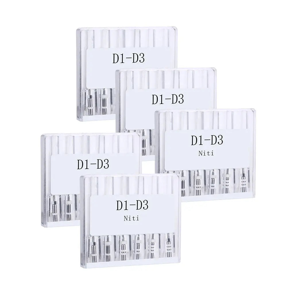 Dental Retreatment Rotary Engine Root Canal NiTi File D1-D3 6pcs/Box displayed in five white plastic cases, each labeled D1-D3 and containing dental tools visible through transparent sections. Organized arrangement showcasing product packaging and contents.