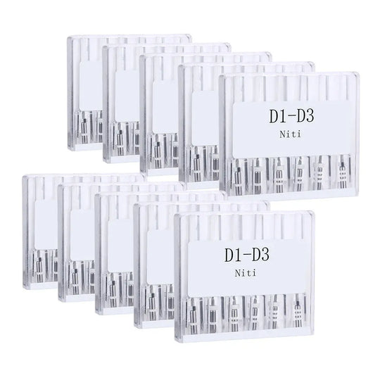 Dental Retreatment Rotary Engine Root Canal NiTi File D1-D3 6pcs/Box: Multiple clear plastic cases containing specialized dental instruments for root canal retreatment procedures, labeled D1-D3 NiTi, arranged in two rows