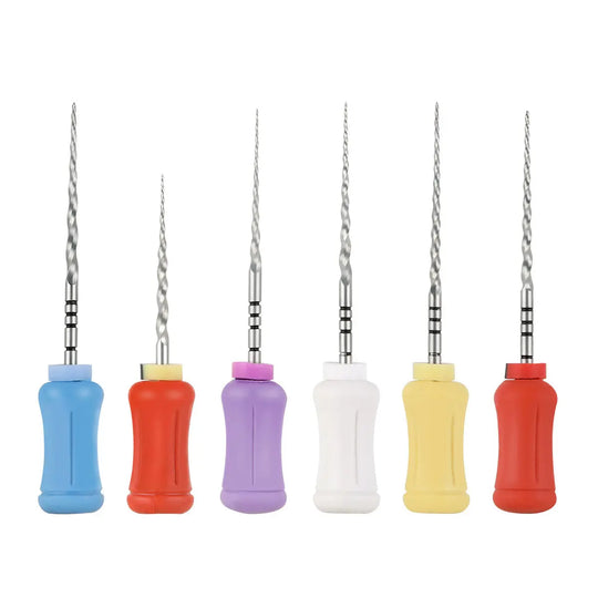 Dental Endodontics NiTi Hand Use Super Rotary File 25mm SX-F3 6pcs/Box: Set of six colorful dental hand files with spiral metal tips and ergonomic plastic handles in blue, orange, purple, white, yellow, and red for endodontic procedures.