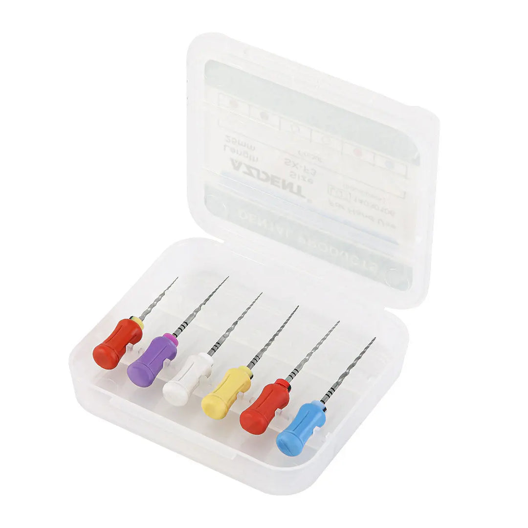 Dental Endodontics NiTi Hand Use Super Rotary File 25mm SX-F3 6pcs/Box set in clear plastic case, featuring six colorful handled dental files for endodontic procedures, including shaping and finishing files of various sizes and lengths