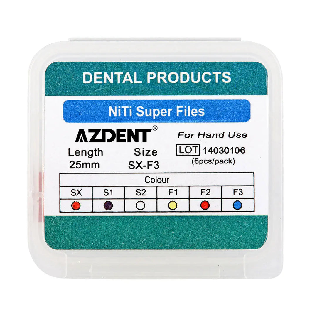 Dental Endodontics NiTi Hand Use Super Rotary File 25mm SX-F3 6pcs/Box packaging showing AZDENT brand, 25mm length, SX-F3 size, and color-coded chart for different file types SX, S1, S2, F1, F2, and F3 in a clear plastic case.