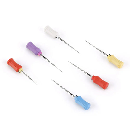 Dental Endodontics NiTi Hand Use Super Rotary File 25mm SX-F3 6pcs/Box displayed as six colorful dental files with plastic handles in red, blue, yellow, white, purple, and orange, arranged diagonally across the image, showcasing their slender metal shafts and varied handle designs.