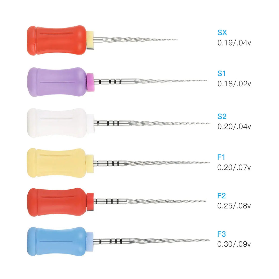 Dental Endodontics NiTi Hand Use Super Rotary File 25mm SX-F3 6pcs/Box set displayed with six colorful handles and spiral metal file tips. Each file is labeled with its type (SX, S1, S2, F1, F2, F3) and corresponding size specifications.