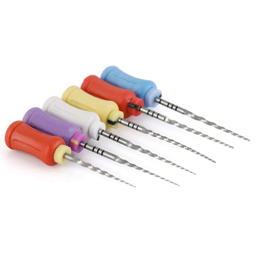 Dental Endodontics NiTi Hand Use Super Rotary File 25mm SX-F3 6pcs/Box: Set of six colorful dental rotary files with spiral metal tips and plastic handles in red, blue, yellow, purple, and white, arranged in a row against a white background.