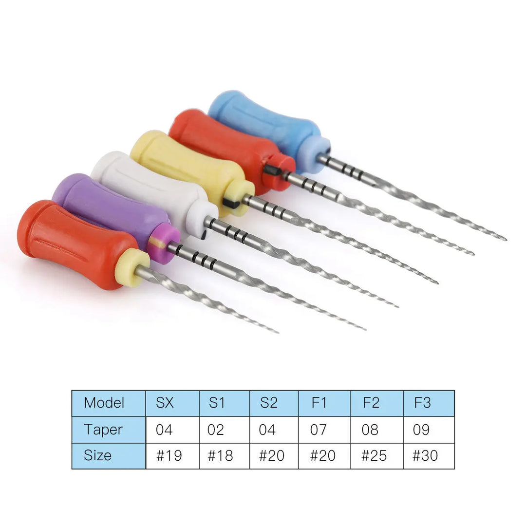 Dental Endodontics NiTi Hand Use Super Rotary File 25mm SX-F3 6pcs/Box: Set of colorful dental rotary files with different sizes and tapers, arranged in a row with corresponding model specifications shown in a table below