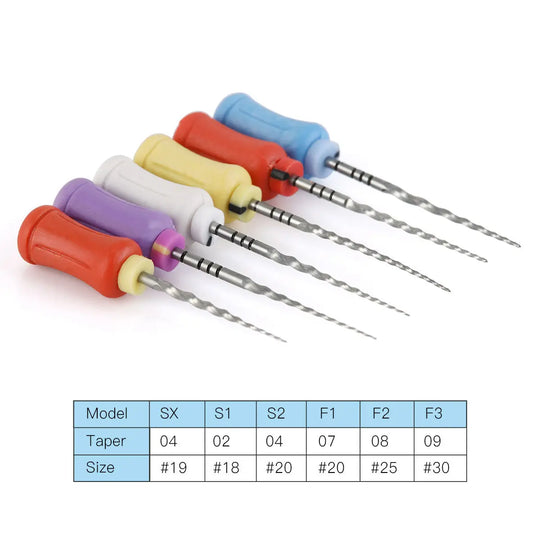 Dental Endodontics NiTi Hand Use Super Rotary File 25mm SX-F3 6pcs/Box: Set of colorful dental rotary files with different sizes and tapers, arranged in a row with corresponding model specifications shown in a table below