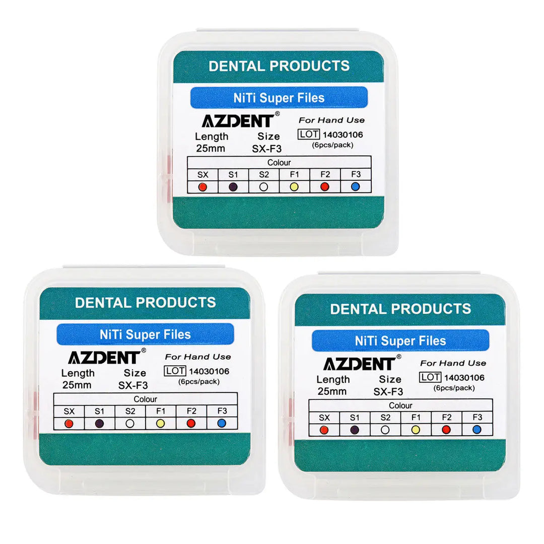 Dental Endodontics NiTi Hand Use Super Rotary File 25mm SX-F3 6pcs/Box: Three packages of AZDENT NiTi Super Files for dental products, showing size and color indicators for different file types from SX to F3, with 25mm length and hand use specification.