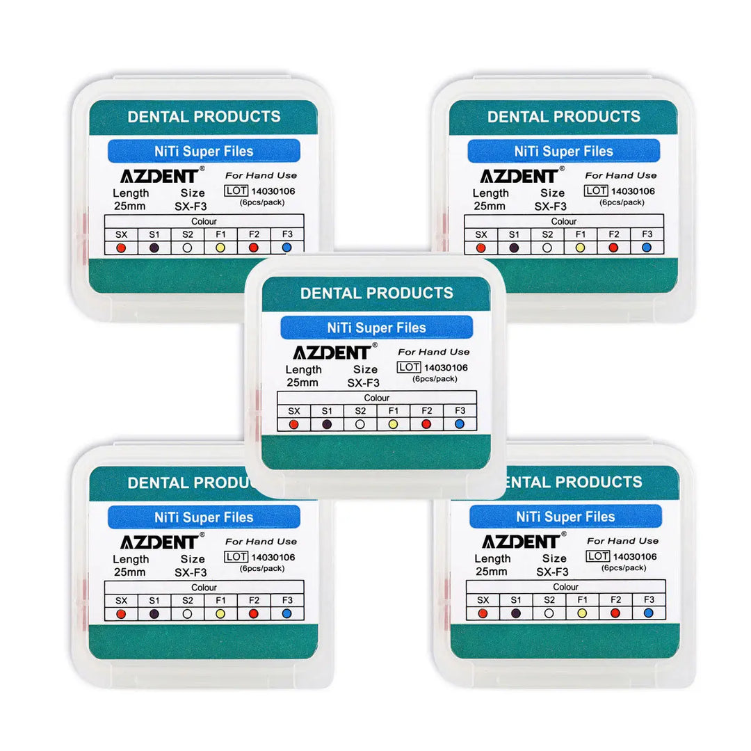 Five boxes of Dental Endodontics NiTi Hand Use Super Rotary Files 25mm SX-F3 6pcs/Box, showing product labels with sizing and length information for various dental file types, arranged in a neat display for dental professionals.