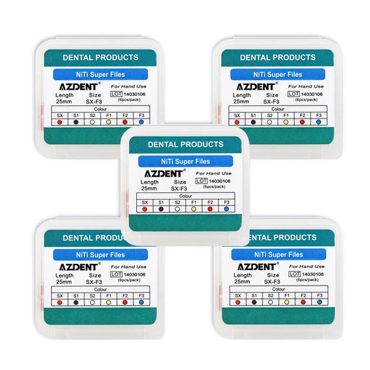 Five boxes of Dental Endodontics NiTi Hand Use Super Rotary Files 25mm SX-F3 6pcs/Box, showing product labels with sizing and length information for various dental file types, arranged in a neat display for dental professionals.