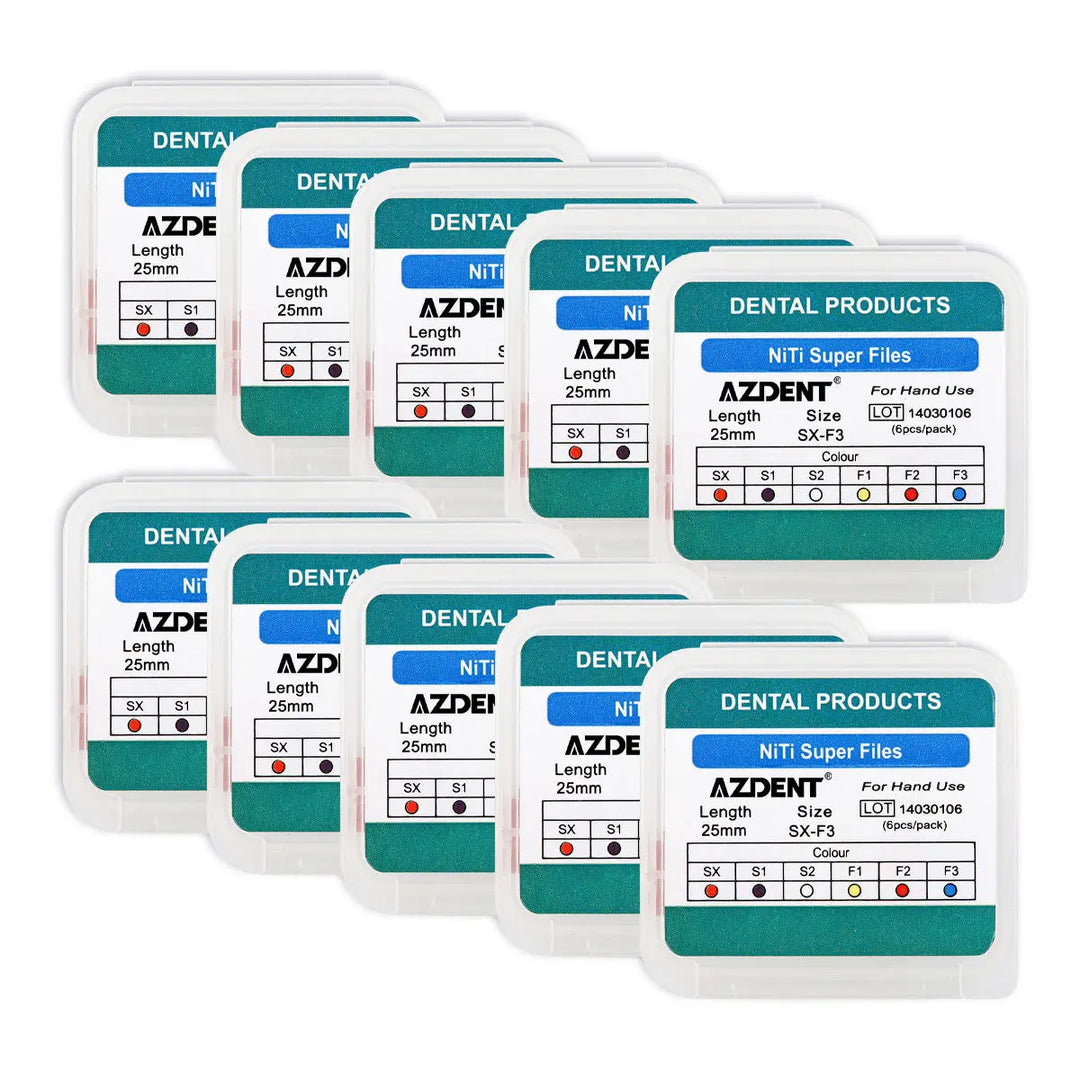 Dental Endodontics NiTi Hand Use Super Rotary File 25mm SX-F3 6pcs/Box displayed as multiple packaged dental file sets. Each package shows product details including file size, length, and type for various endodontic procedures. Organized grid layout of green and white boxes.