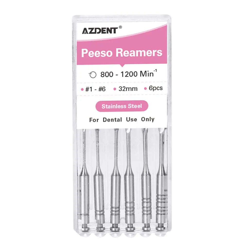 Dental Engine Files Stainless Steel Peeso Reamers 32mm #1-6 6pcs/Box: AZDENT brand package of six stainless steel Peeso Reamers for dental use, 32mm length, sizes #1-6, with 800-1200 Min-1 rotation speed, displayed in clear plastic container with pink label