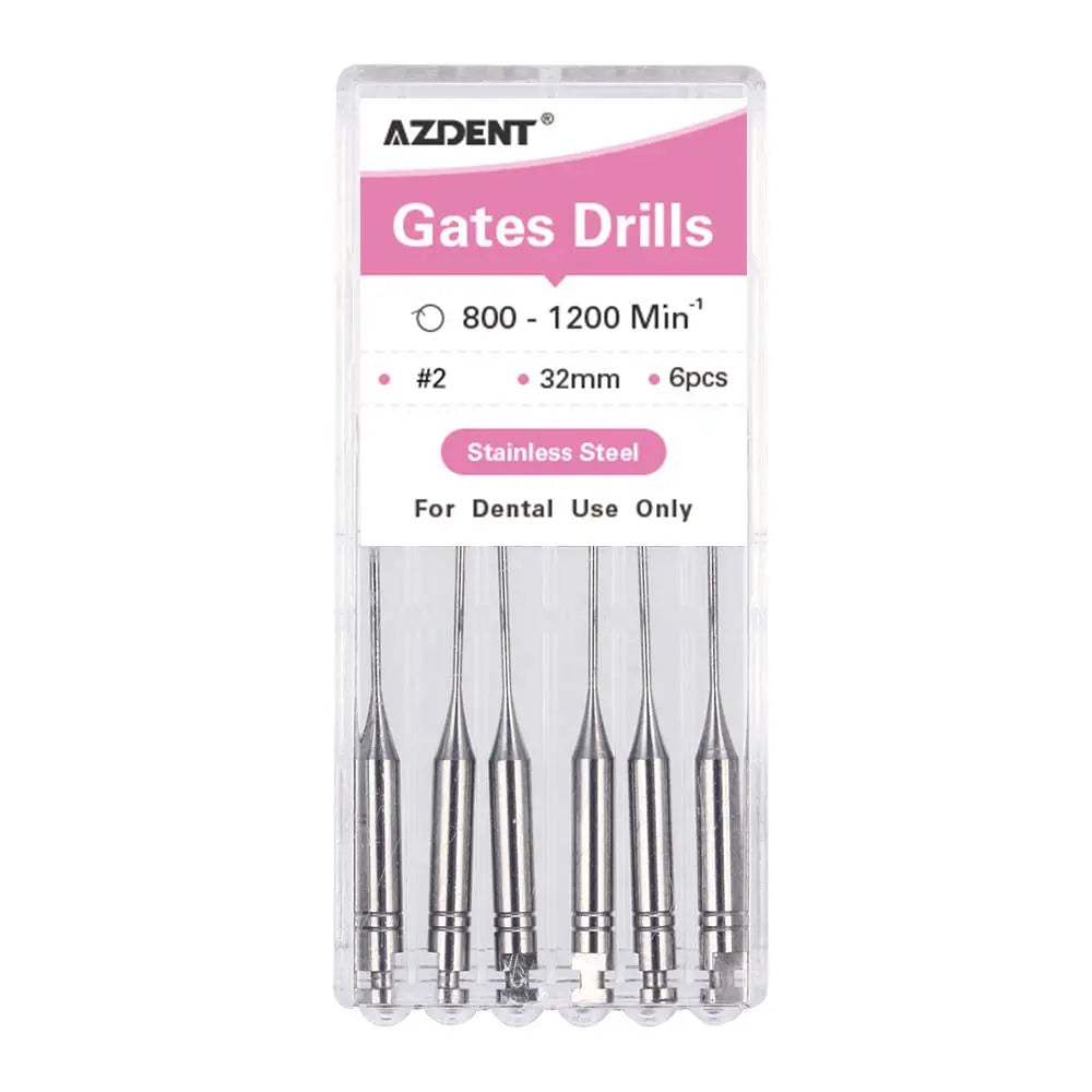 Dental Engine Files Stainless Steel Gates Drill 32mm #2 6pcs/Box, AZDENT brand, displayed in clear plastic packaging. Product details shown on pink label. Six silver dental drills visible, for professional dental use only.