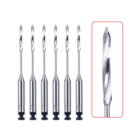 Set of six Dental Engine Files Stainless Steel Peeso Reamers, 32mm #2, displayed with close-up of reamer tip. High-quality medical-grade tools for efficient dental procedures, featuring good flexibility and fracture resistance.