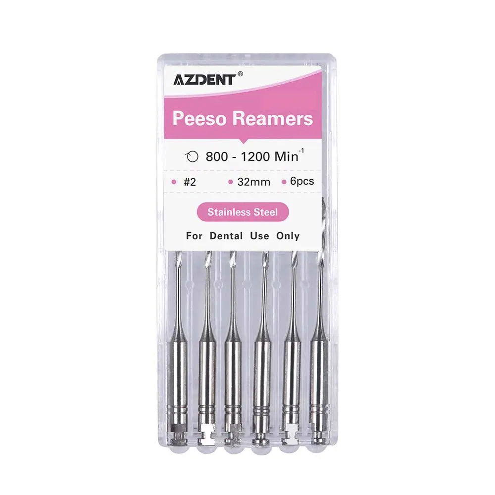 Dental Engine Files Stainless Steel Peeso Reamers 32mm #2 6pcs/Box - AZDENT brand package displaying six high-quality stainless steel dental reamers, 32mm long, size #2, for professional dental use, with pink labeling indicating specifications and usage