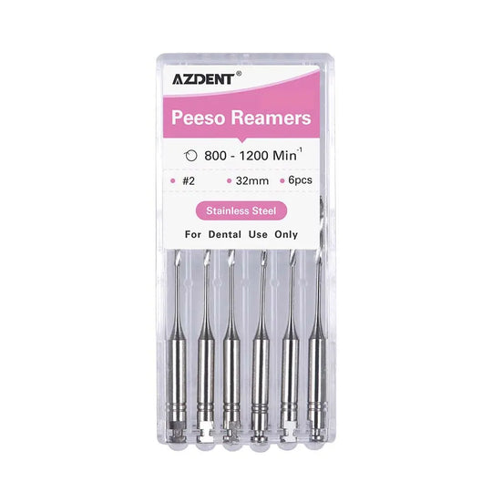 Dental Engine Files Stainless Steel Peeso Reamers 32mm #2 6pcs/Box - AZDENT brand package displaying six high-quality stainless steel dental reamers, 32mm long, size #2, for professional dental use, with pink labeling indicating specifications and usage