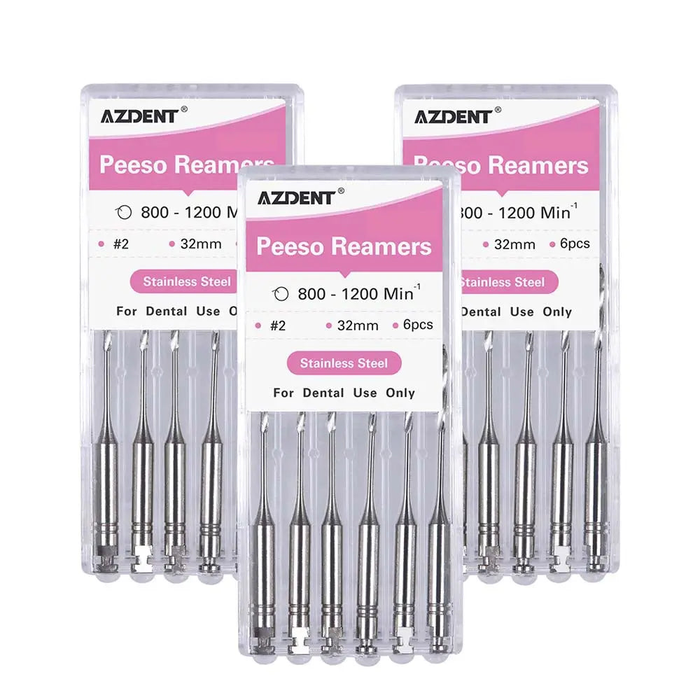 Dental Engine Files Stainless Steel Peeso Reamers 32mm #2 6pcs/Box. Three transparent plastic packages containing silver metal dental tools. Each package displays pink labels with product details and AZDENT branding.