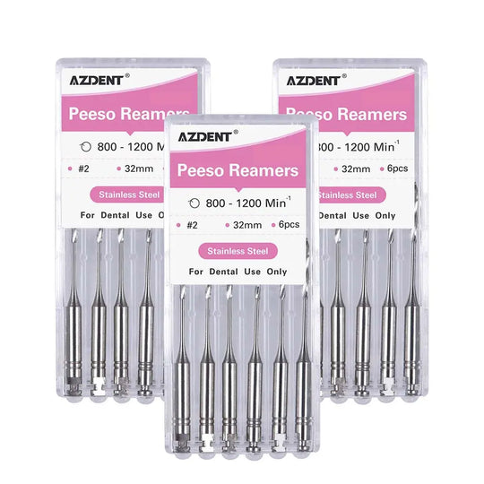 Dental Engine Files Stainless Steel Peeso Reamers 32mm #2 6pcs/Box. Three transparent plastic packages containing silver metal dental tools. Each package displays pink labels with product details and AZDENT branding.