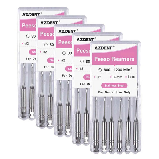 Dental Engine Files Stainless Steel Peeso Reamers 32mm #2 6pcs/Box - Five blister packs of AZDENT brand dental reamers, each containing six 32mm stainless steel tools for dental procedures, displayed in a row with pink and white packaging