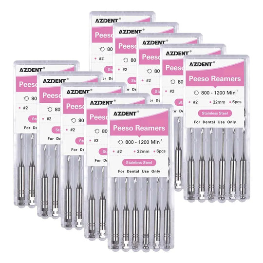 Multiple boxes of Dental Engine Files Stainless Steel Peeso Reamers 32mm #2 6pcs/Box by AZDENT, showing product packaging and silver dental tools arranged in rows inside transparent cases