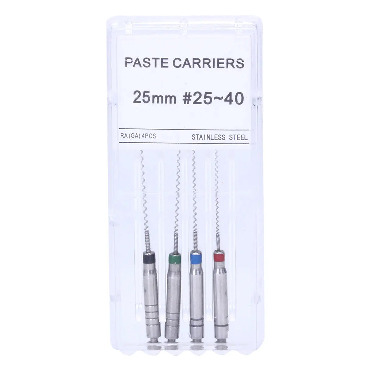 Dental Rotary Paste Carriers Stainless Steel 25mm #25-40 4pcs/Box, showing four color-coded carriers in a clear plastic case. Product details visible on packaging, including size and material specifications.