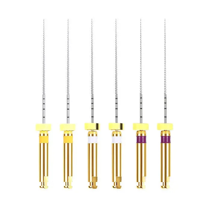 Dental Endo Rotary Files Nickel Titanium Alloy Engine Use 25mm Assorted 6Pcs/Box displayed in a row, showing six slender metal instruments with gold handles and colored bands. Purple, white, and yellow markings visible on the handles, indicating different sizes for dental procedures.