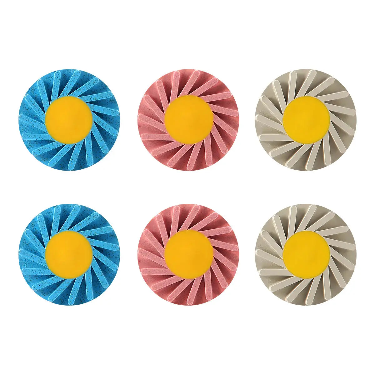 Dental Zirconia Polishing Wheel 3-Step Polishing System: Six circular polishing wheels arranged in two rows, featuring blue, pink, and gray colors with yellow centers. Each wheel has a radial pattern for smoothing, pre-polishing, and high-shine polishing of dental materials.