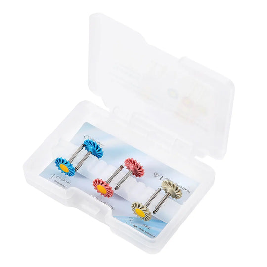 Dental Zirconia Polishing Wheel 3-Step Polishing System displayed in a clear plastic case. Four colorful wheel-shaped polishers with metal shafts visible, arranged neatly in separate compartments. Colors include blue, pink, yellow, and green, representing different polishing stages for dental procedures.