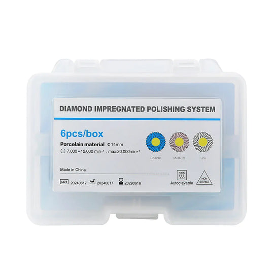 Dental Zirconia Polishing Wheel 3-Step System in clear plastic box. Product label shows 6pcs/box, diamond impregnated polishing system for porcelain material. Icons indicate coarse, medium, and fine polishing steps. Made in China, autoclavable.