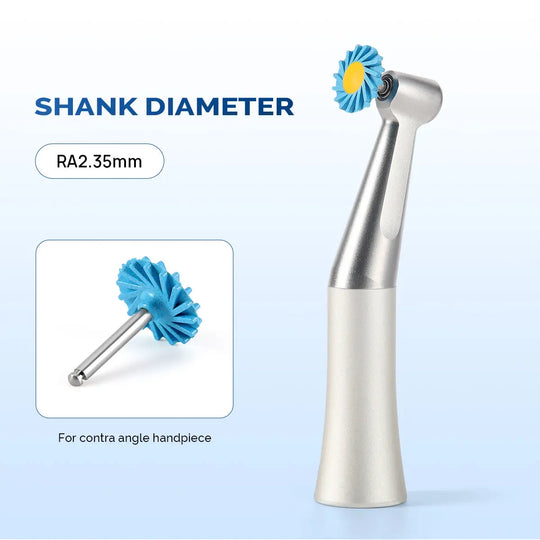 Dental Zirconia Polishing Wheel 3-Step System with RA2.35mm shank diameter for contra angle handpiece. Image shows a dental handpiece with blue polishing wheel and a close-up of the polishing wheel attachment, illustrating the product's design and application.