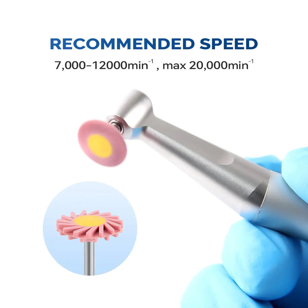 Dental Zirconia Polishing Wheel 3-Step System with recommended speed range of 7,000-12,000 rpm, max 20,000 rpm. Image shows a dental handpiece holding a pink polishing wheel and a close-up of a wheel design, illustrating the product's use and appearance.