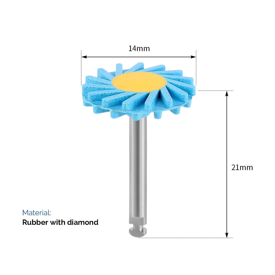 Dental Zirconia Polishing Wheel 3-Step Polishing System: Blue rubber wheel with diamond abrasive, yellow center, 14mm diameter, 21mm height, metal shank for contra angle handpiece. Designed for smoothing, pre-polishing, and high-shine polishing of dental ceramics and zirconia.